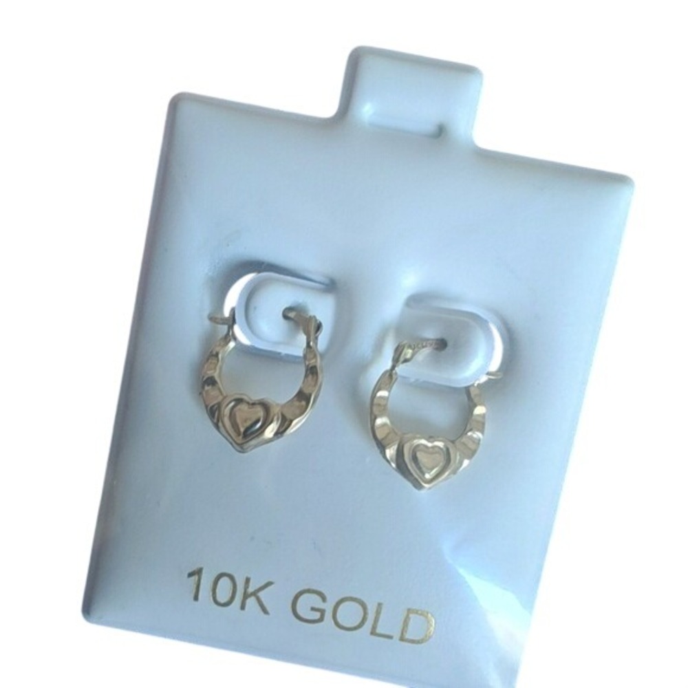 Hoop Earrings 10K Yellow Gold Heart Textured Latch Back Dainty Fine Jewelry‎